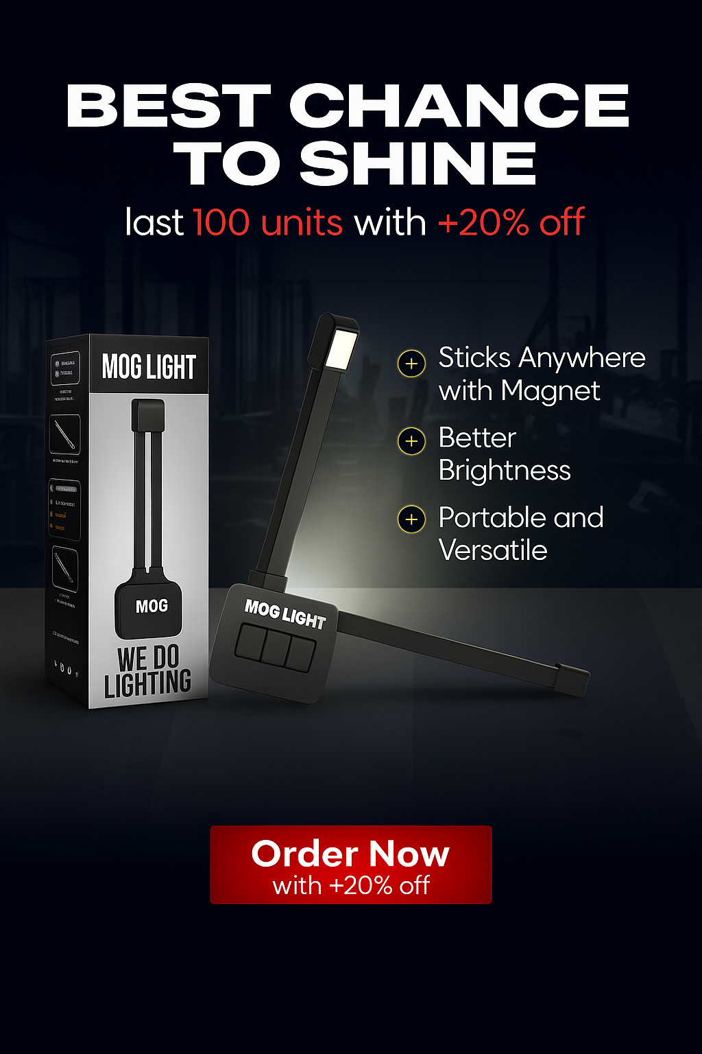 MOG Light with packaging on a dark background, promotional text overlay.