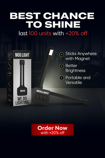 MOG Light with packaging on a dark background, promotional text overlay.